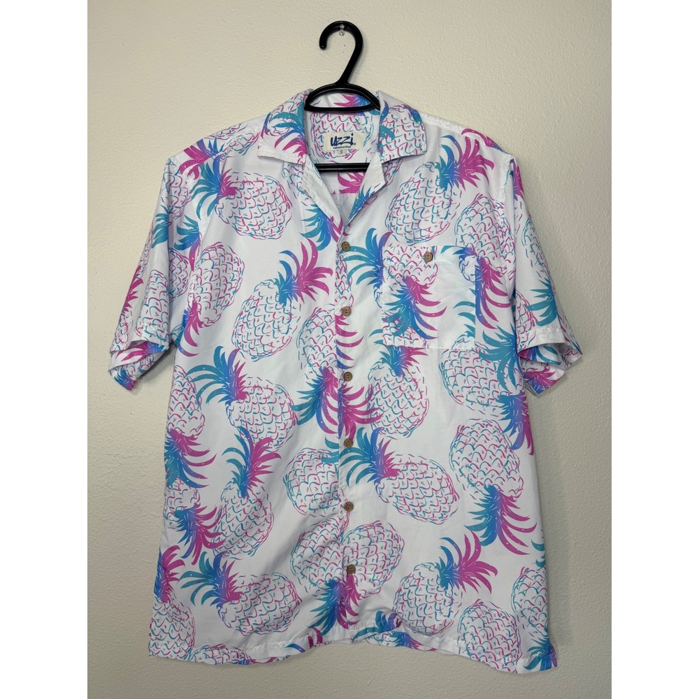 Uzzi Amphibious Gear Pineapple Print Shirt Mens Small Pink‎ Teal Tropical Camp S